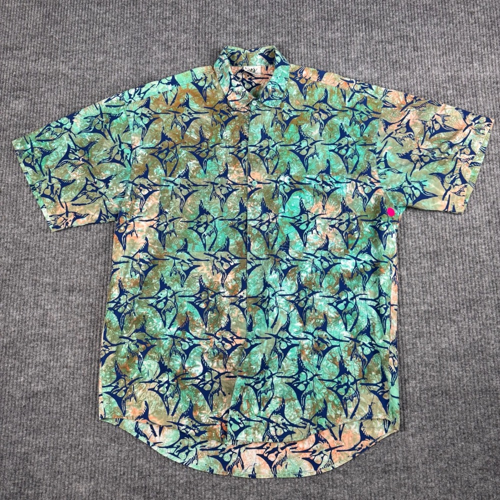 Vtg 90s Rum Reggae Swordfish Print Shirt Mens L Short Sleeve Cabana Tropical